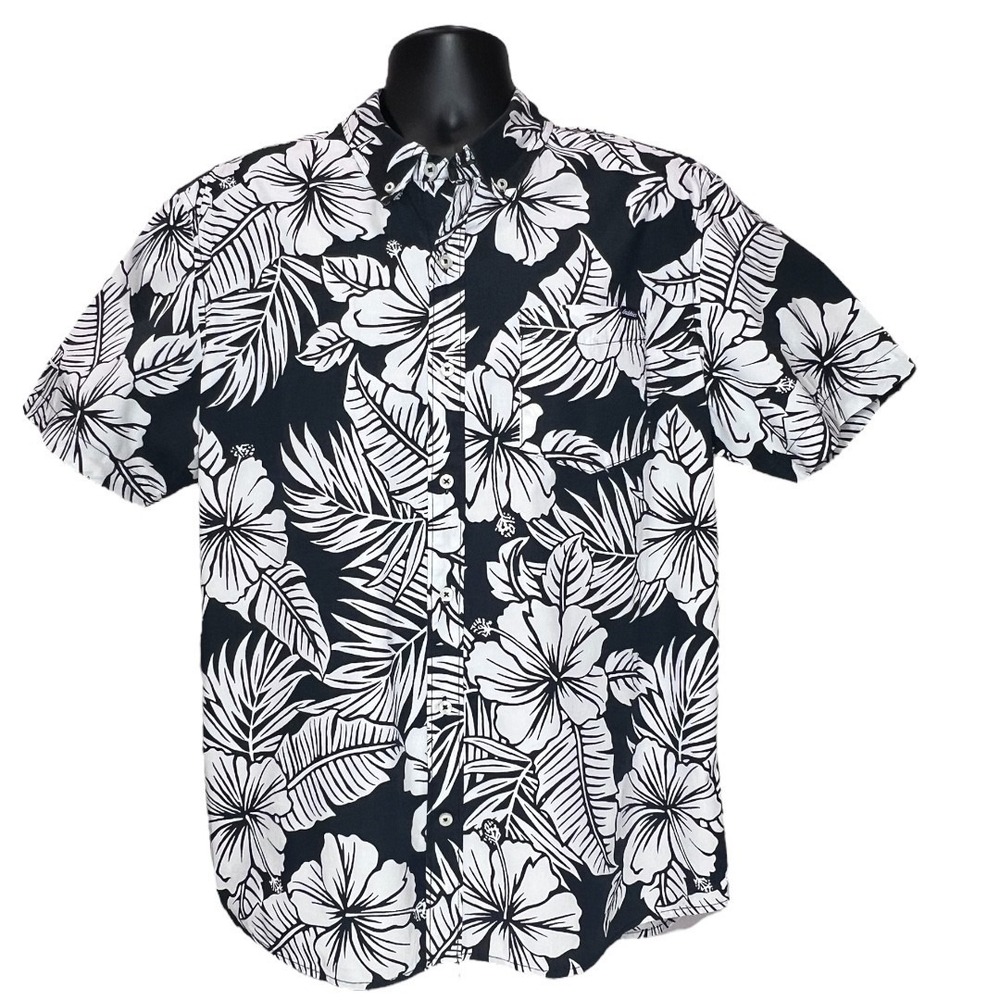 Chubbies Men's Soft Stretch Short Sleeve Shirt Black White Tropical Button Up XL